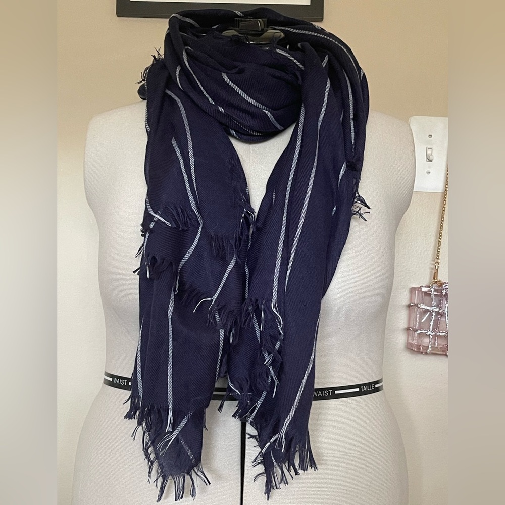 Large Comfy Cozy Navy with White Stripes Scarf with Fringe Detail All Edges